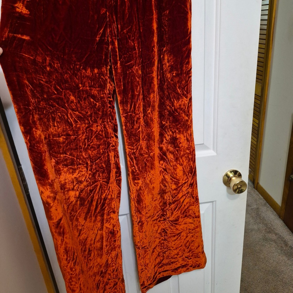 Reformation Rust Burnt Orange Crushed Velvet Silk Blend Wide Leg Pants Size 4 - Picture 6 of 6